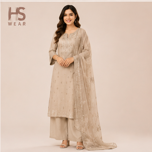 HS Wear Luxury Embroidered Beige 3 Piece Suit Gallery Image 3 | HS Wear