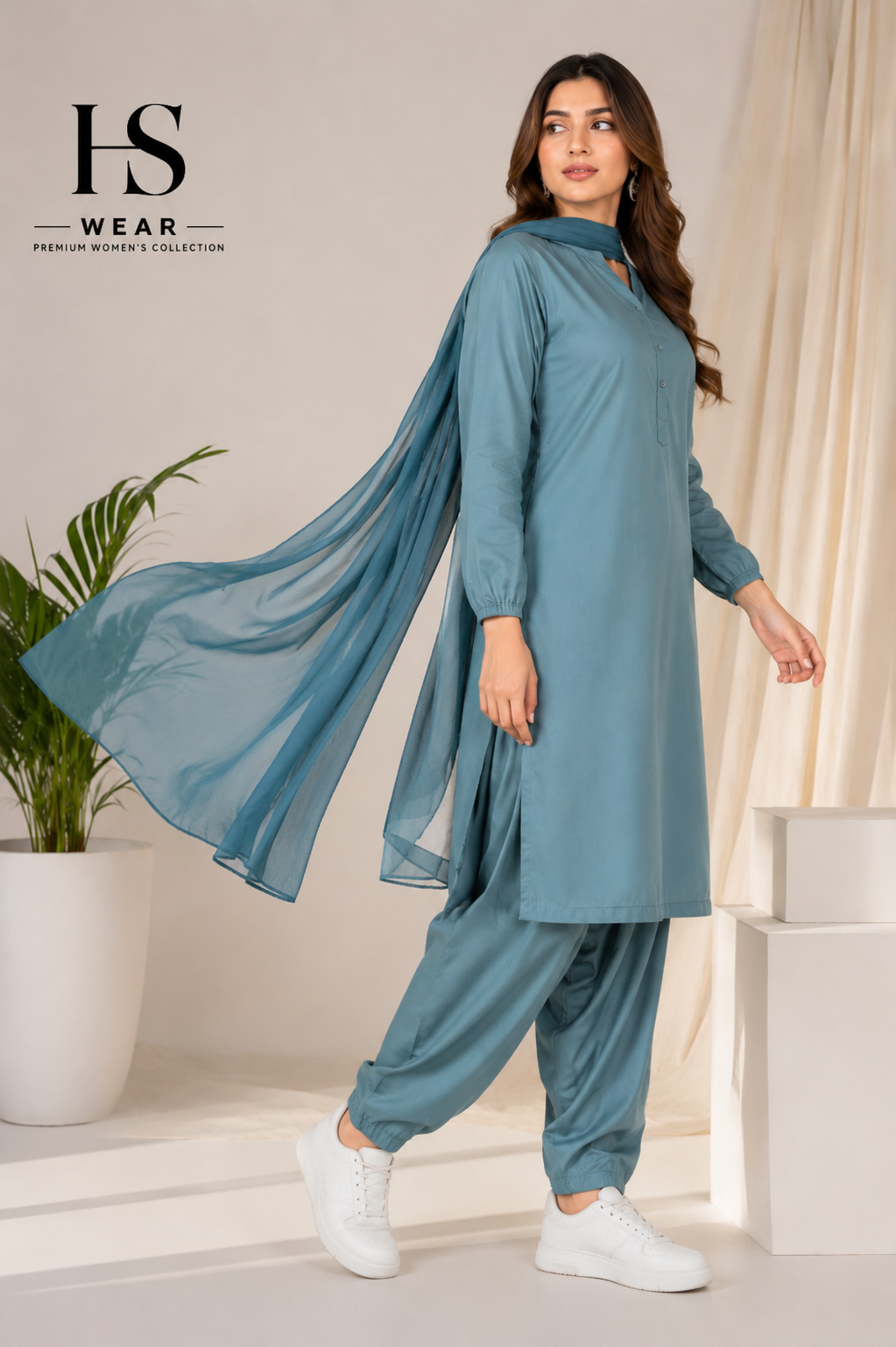 Women's Premium Teal Cotton Shalwar Kameez with Matching Dupatta | Premium Women | HS Wear Pakistan