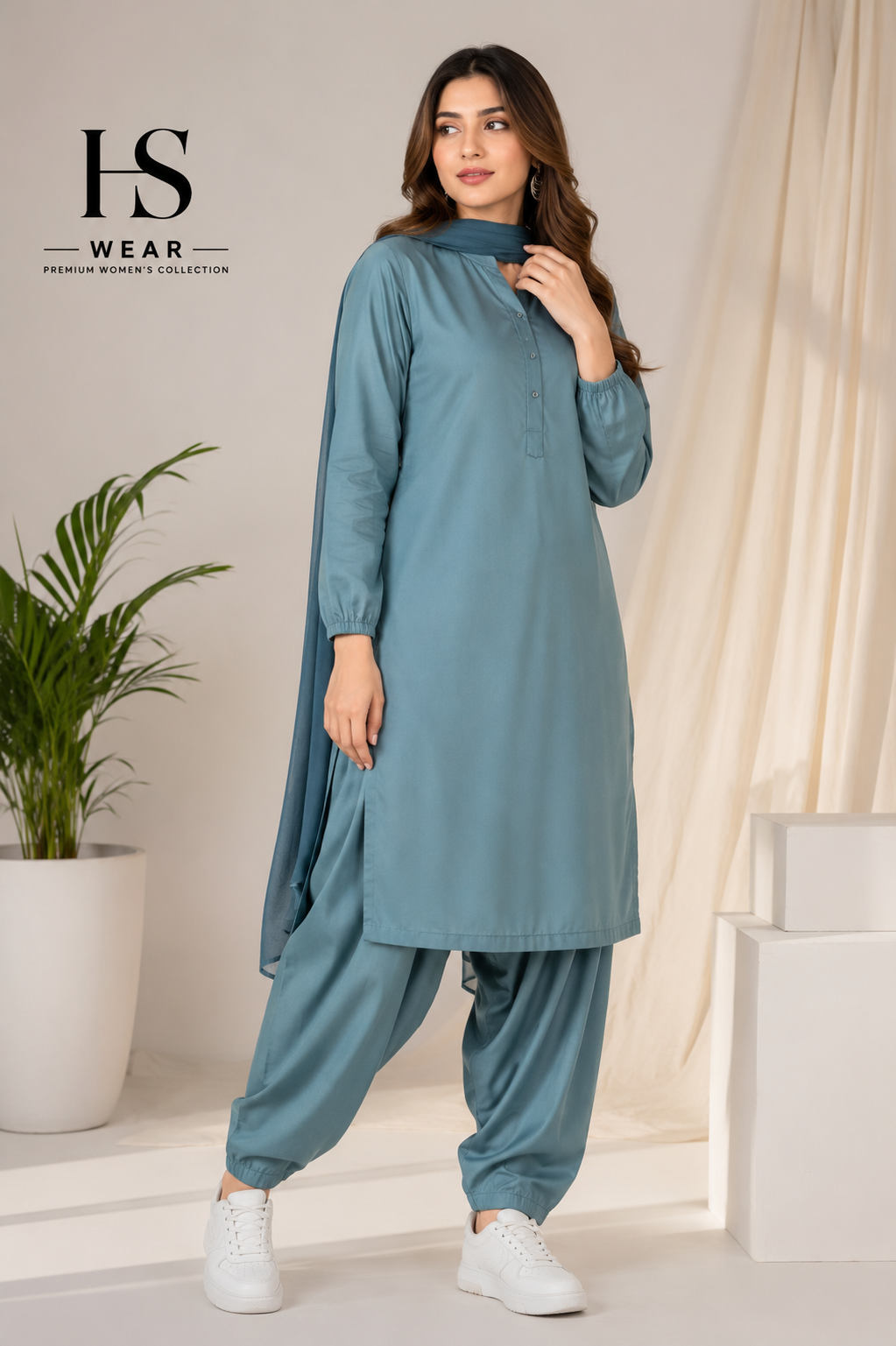 Women's Premium Teal Cotton Shalwar Kameez with Matching Dupatta Gallery Image 3 | HS Wear