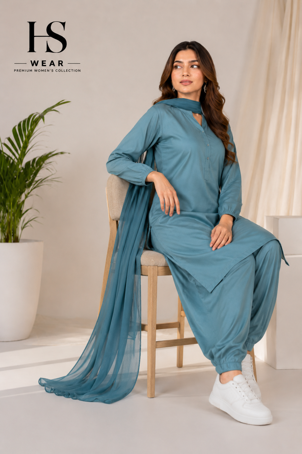 Teal Cotton Shalwar Kameez with Matching Dupatta Gallery Image 2 | HS Wear