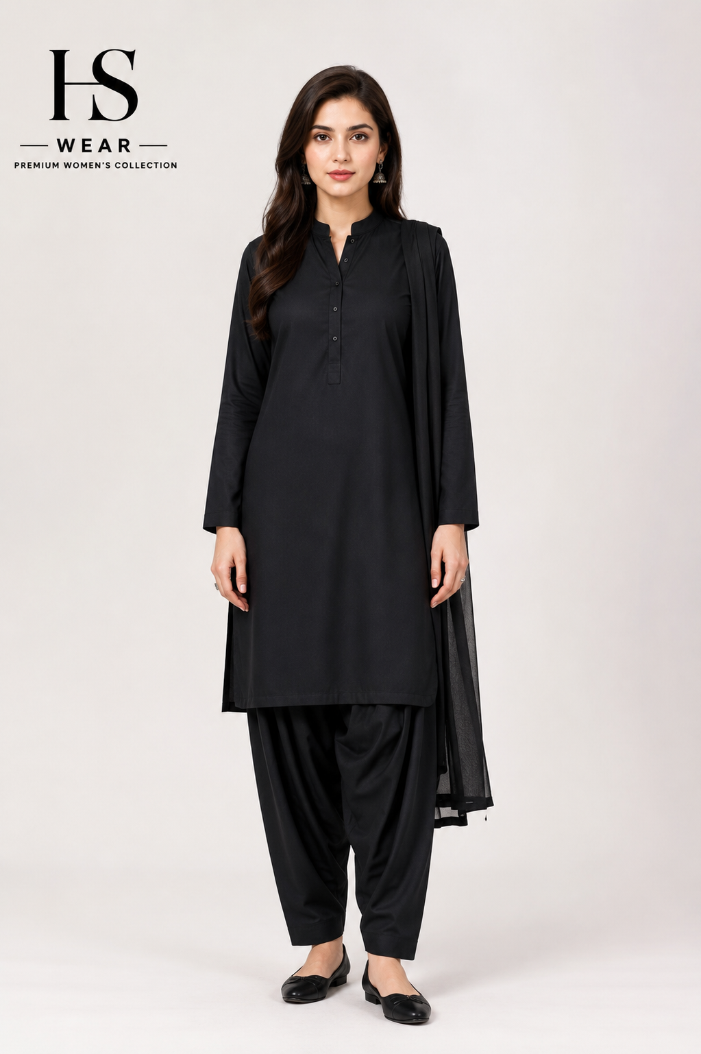 Premium Black Cotton Shalwar Kameez with Dupatta for Women Gallery Image 2 | HS Wear